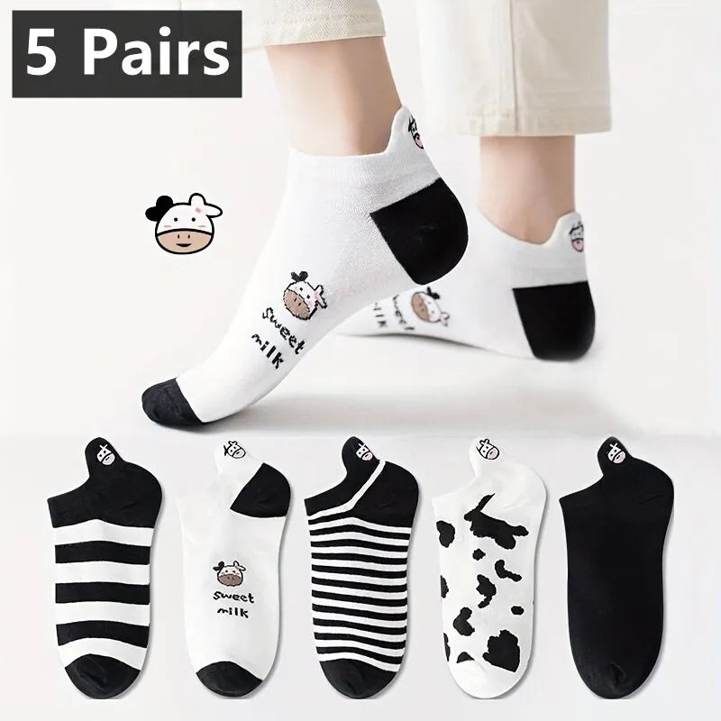 5 Pairs Womens Socks Lovely Cow Pattern Short Socks Creative Printing Socks Ankle Sock - Tamnz