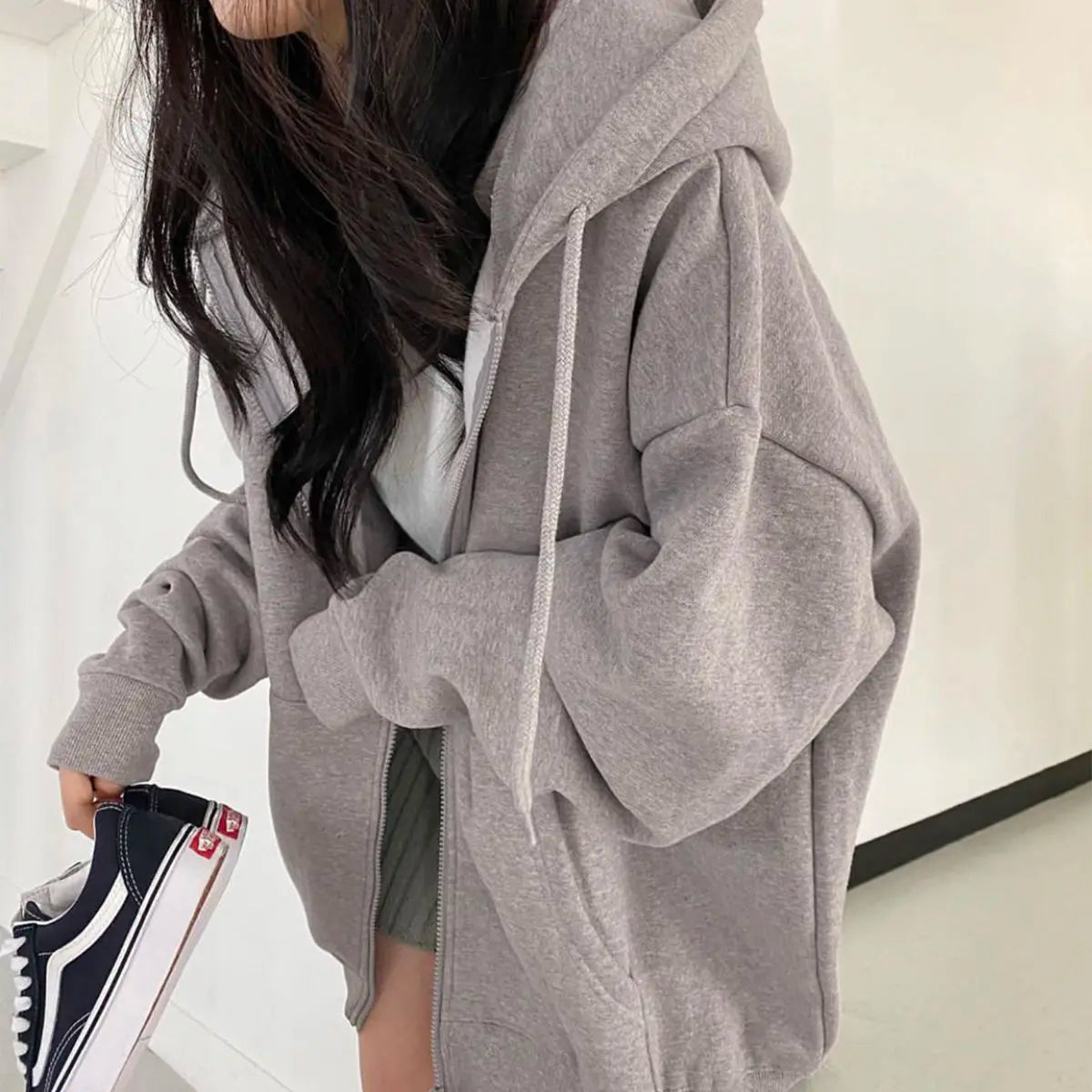 Women Hoodies Solid Colour Zip-Up Pocket Oversized Harajuku Female Long Sleeve Hooded Streetwear - TaMNz