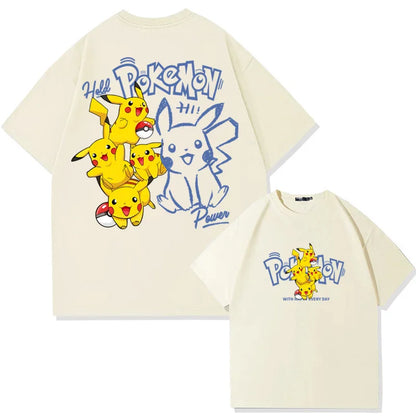 （Miniso) Anime Manga Pikachu Graphic Men's T-Shirt Summer Cartoon Anime Pokemon Cotton Short Sleeve Unisex T Shirt Harajuku Tops