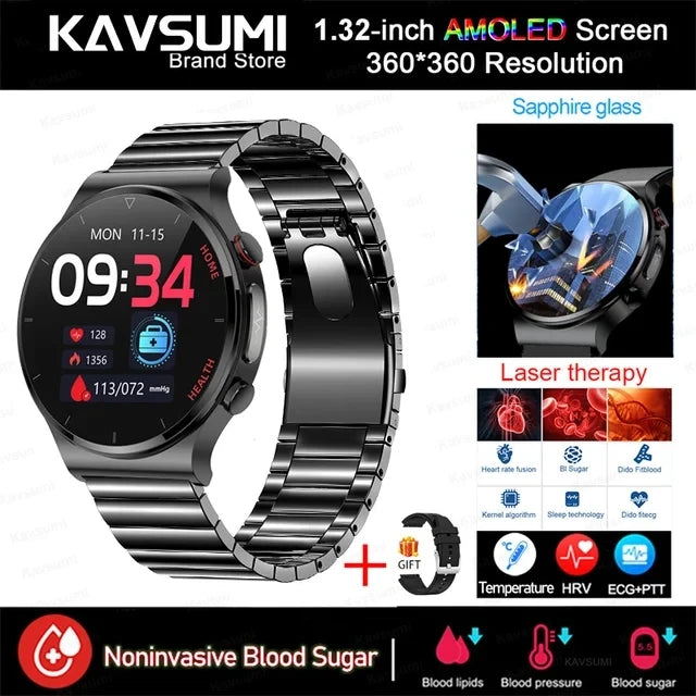 Blood Sugar Smartwatch ECG PPG Heart Rate Laser Treatment Sapphire Glass - Tamnz