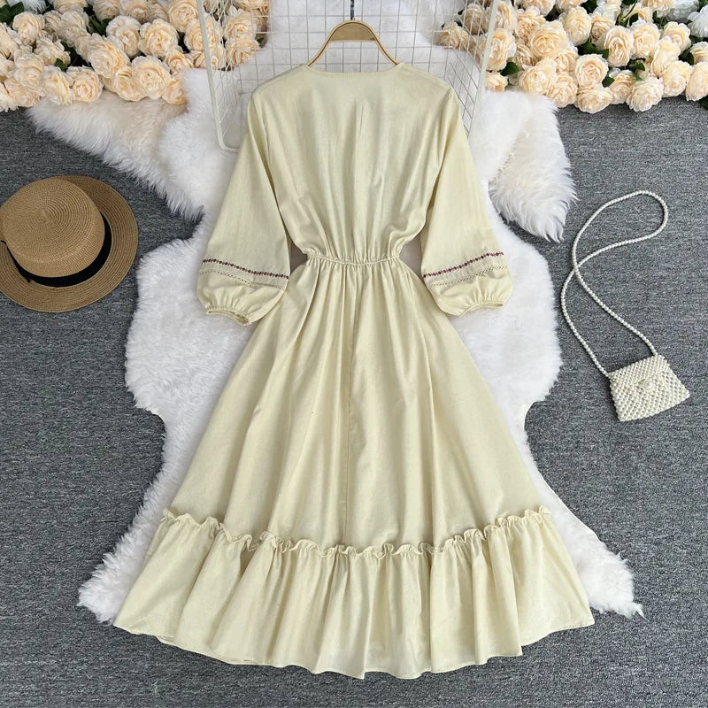 French Style Woman Retro Dress Long Sleeve Embroidery Vestido Floral O-neck Chick Woman Dress - Tamnz