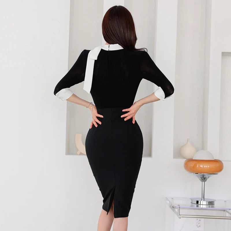 Elegant Formal Dress Black Lace-up 3/4 Sleeve Pencil Dress Summer Fashion Slim Bodycon Office Lady Work Dress - TaMNz