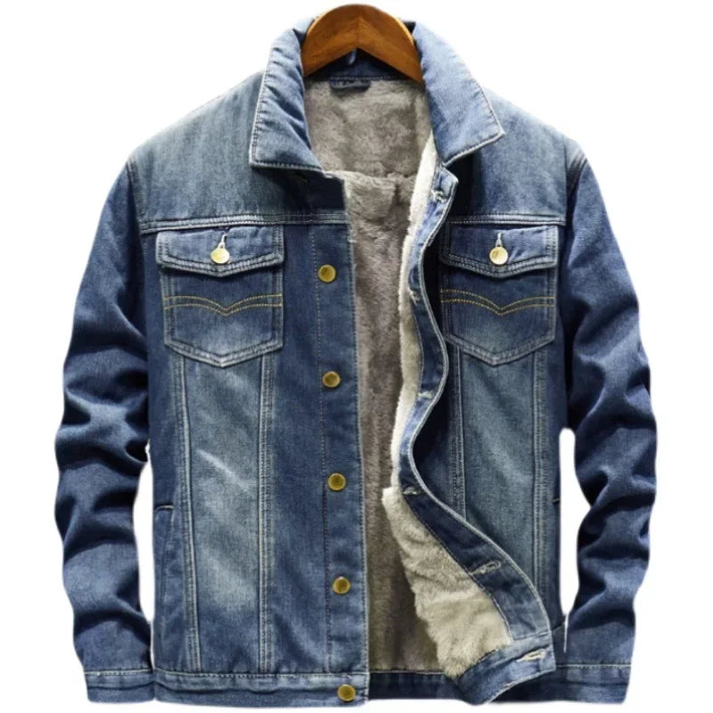 Stylish Denim Jacket For Men Trendy Korean Style Slim Fit Warm Top Fleece Lined Thickened Fall Winter Jacket