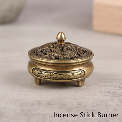 Antique Brass Pocket Dragon Phoenix Incense Burner Hollow Incense Mini Ornaments Chinese Ancient Tea Desk Decor