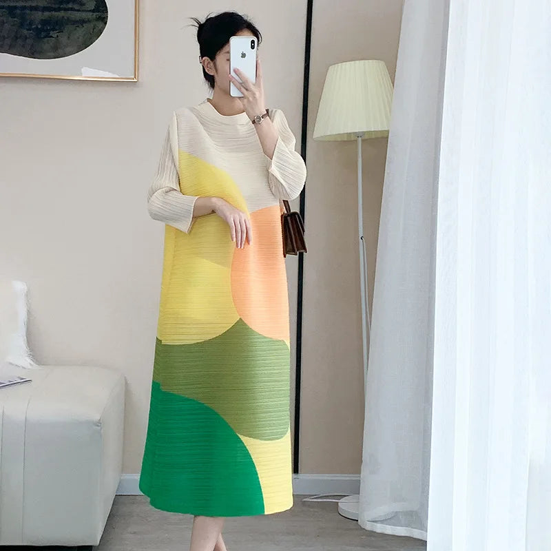 Miyake Women Pleated Dress Geometric Print Long Sleeve Half Turtleneck French Casual - TaMNz