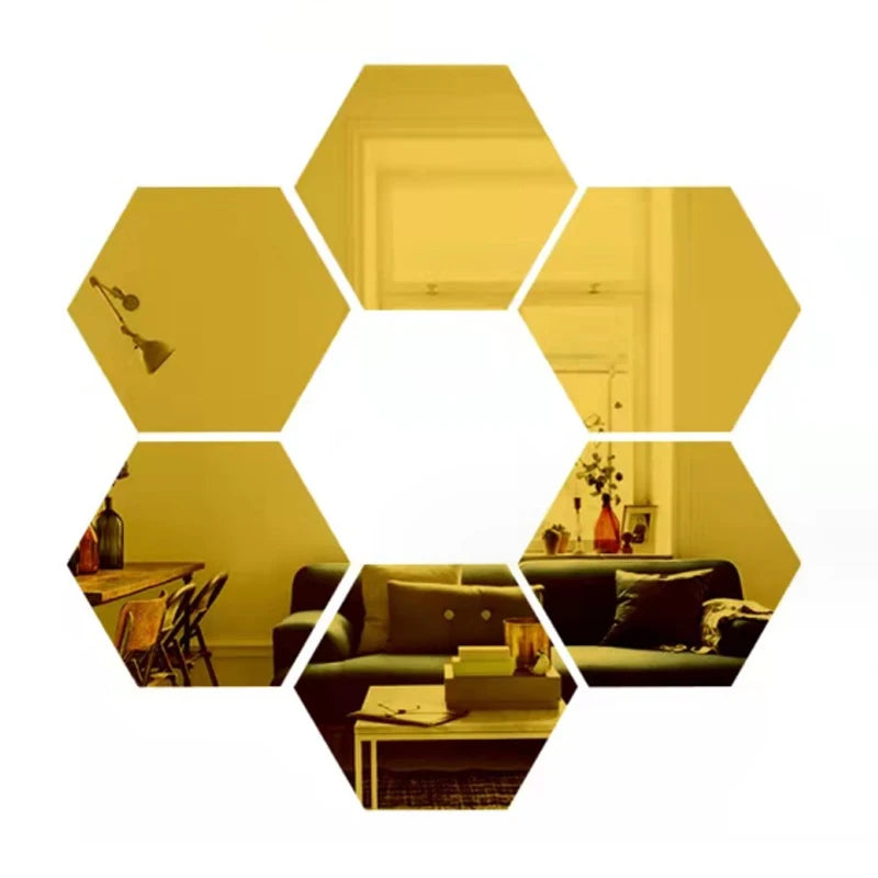 6/12pcs 3D Hexagon Mirror Wall Sticker Rose Gold DIY TV Background Living Room Stickers Wall Decor Bedroom Bathroom Home Decor - Tamnz