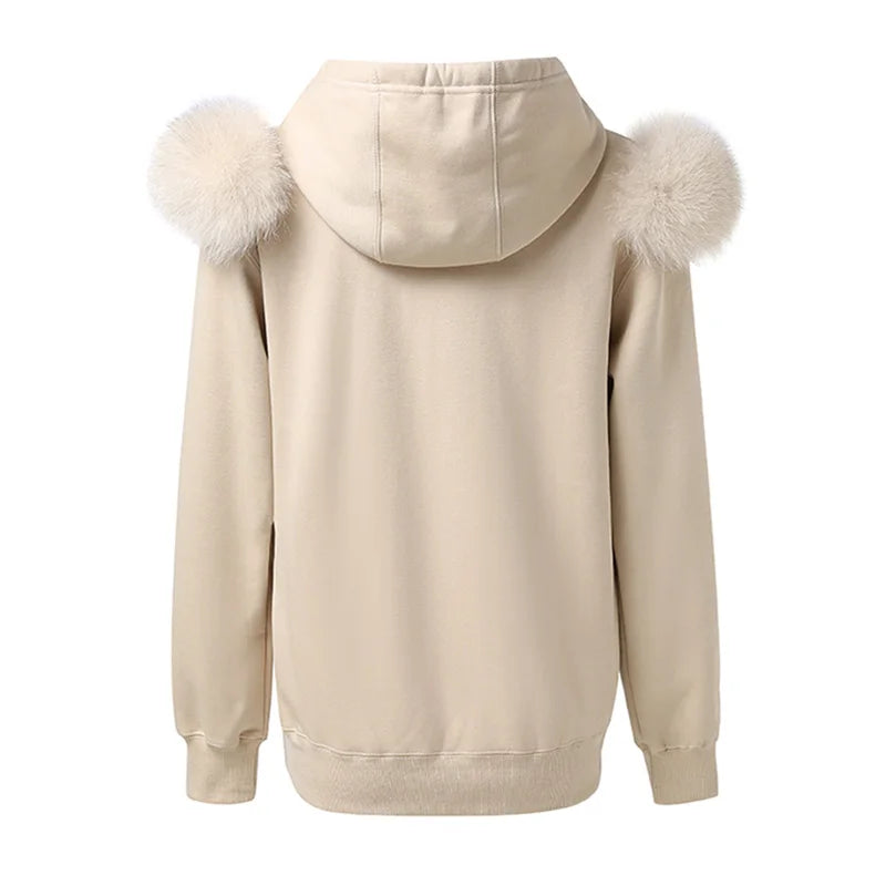 2022 New Arrival Autumn Winter Hoodie Women Fleece Pullover With Hood Real Fox Fur Lady Coat Jackets S5185 - Tamnz