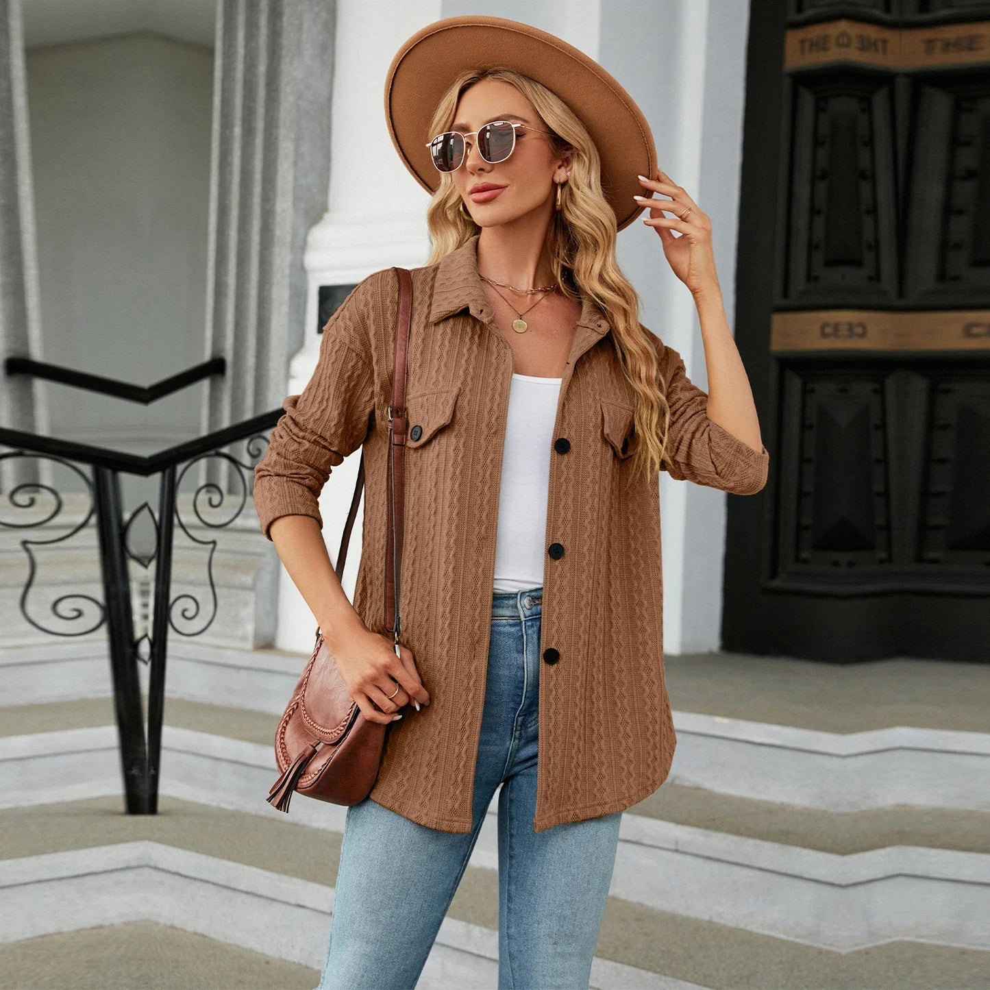 Autumn Winter Long Sleeve Shirts Brown Button Up Elegant Top For Women
