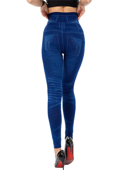 Seamless Slim Women Faux Denim Jeans Leggings Fitness Workout Pocket Printing Summer Casual Pencil Pants Sports Jeggings - TaMNz