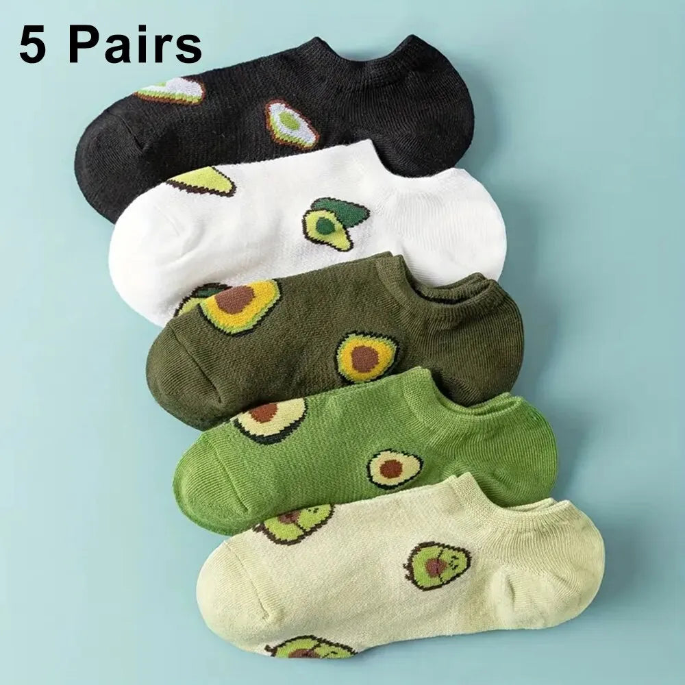 5 Pairs Avocado Crew Ankle Socks Cartoon Fresh Fashion Breathable Summer And Autumn Kawaii Comforts Women's Low Cut Boat Socks - Tamnz