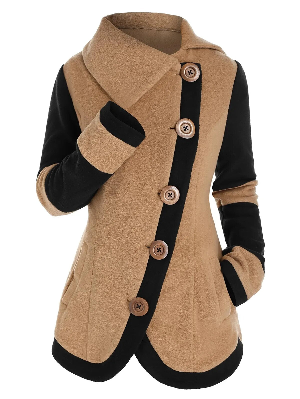 Fashion Two Tone Fleece Jacket Colorblock Wide-waisted Full Sleeve Warm Coat For Fall,Spring,Winter - TaMNz