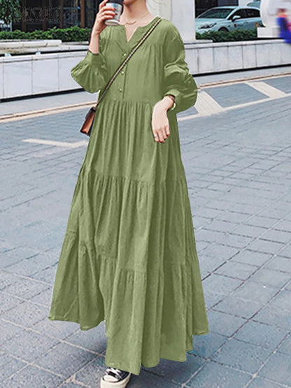 Women Autumn Maxi Dresses ZANZEA Fashion Long Dress Long Sleeve V Neck Ruffles Sundress Robe Femme Casual Loose Solid Vestidos - TaMNz