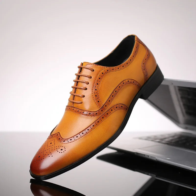 Classic Retro Brogue Mens Lace-Up Leather Dress Business Office Flat Oxfords shoes