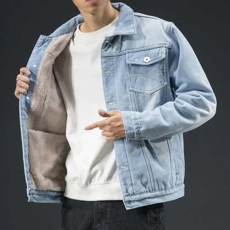 Stylish Denim Jacket For Men Trendy Korean Style Slim Fit Warm Top Fleece Lined Thickened Fall Winter Jacket