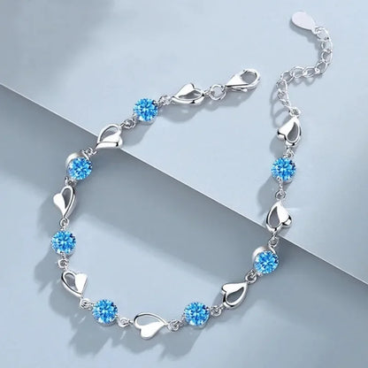 925 Sterling Silver Bracelet For Women Retro Korean Heart Shaped Charm Bracelets Original Bling Blue Crystal Jewelry Party Gifts