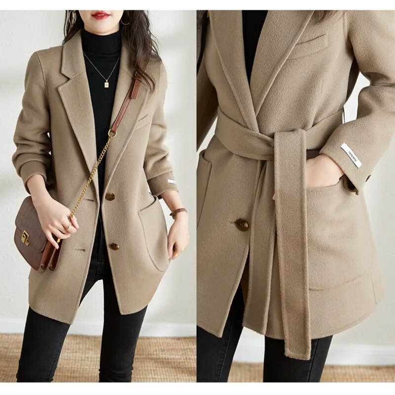 Korean Fashion Autumn and Winter Elegant Temperament Fashion Slim Chic Formal Office Double-sided Cashmere Tweed Female Jacket - TaMNz