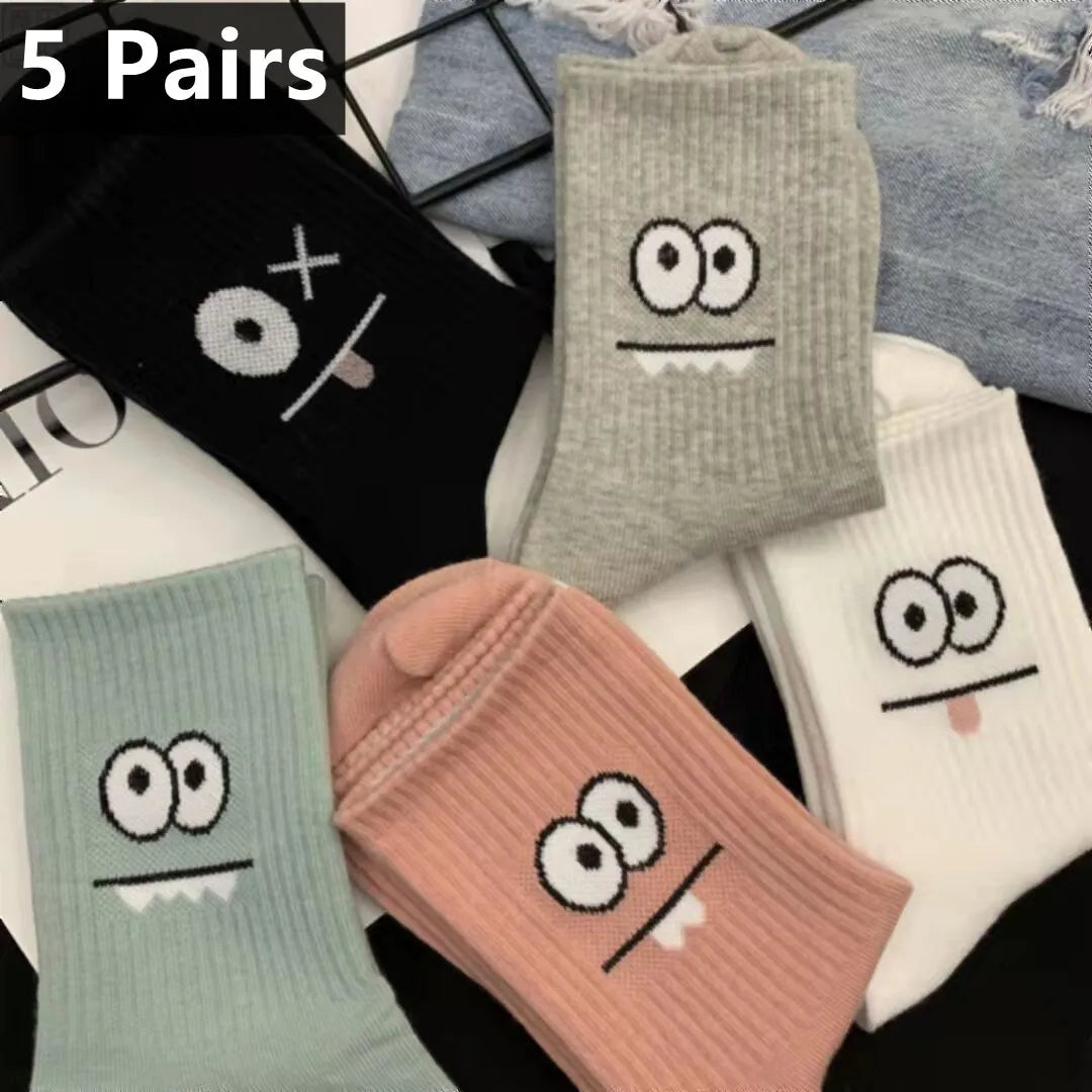 5 Pairs Cute Expression Print Socks, Comfy & Funny All-match Mid Tube Socks, Women's Stockings & Hosiery - TaMNz