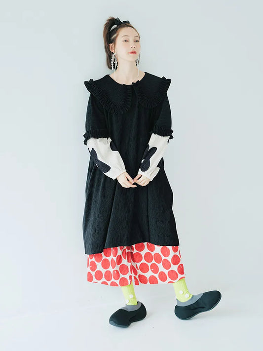 original design doll neck long sleeve dress stitching flowers autumn and winter new casual pleated dress - TaMNz