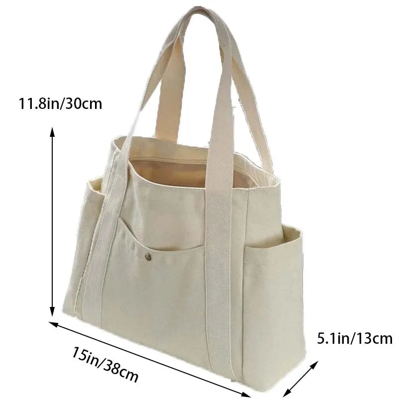 Canvas Women's Bag Large Capacity Multiple Outer Pocket Zipper Shoulder Bag Student Handbag Shopping