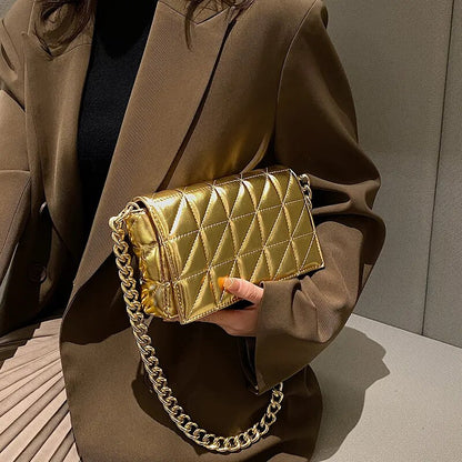 Woman Bags Quilted Shoulder Bags For Women Shiny Gold Handbag Metal Small Single Shoulder Bag - TaMNz