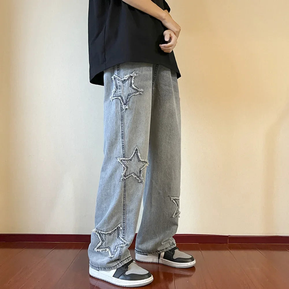 Star Embroidery Straight Korean Casual Denim Trousers - TaMNz