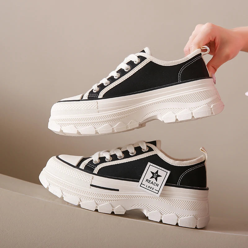 Solid Color Canvas Sneakers Casual Platform Shoes Designer Shoes Thick Sole Lace-up Shoes Zapatos De Mujer - TaMNz