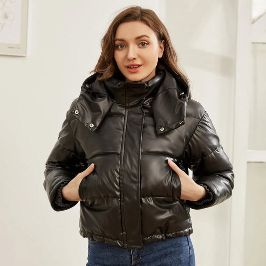 Women Winter Vintage Faux Leather Loose Hooded Pockets Cotton Jackets Fashion Warm Thick PU Parkas Female Outerwear Tops - TaMNz