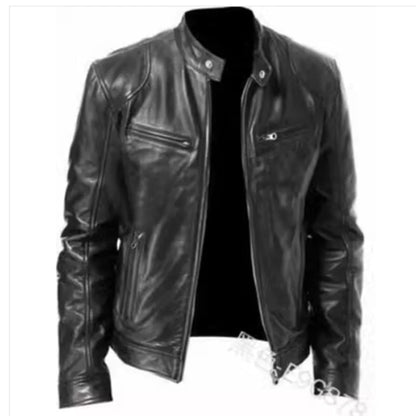 Leather Jacket Slim Fit Stand Collar PU Jacket Male Anti-wind Motorcycle Lapel Diagonal Zipper