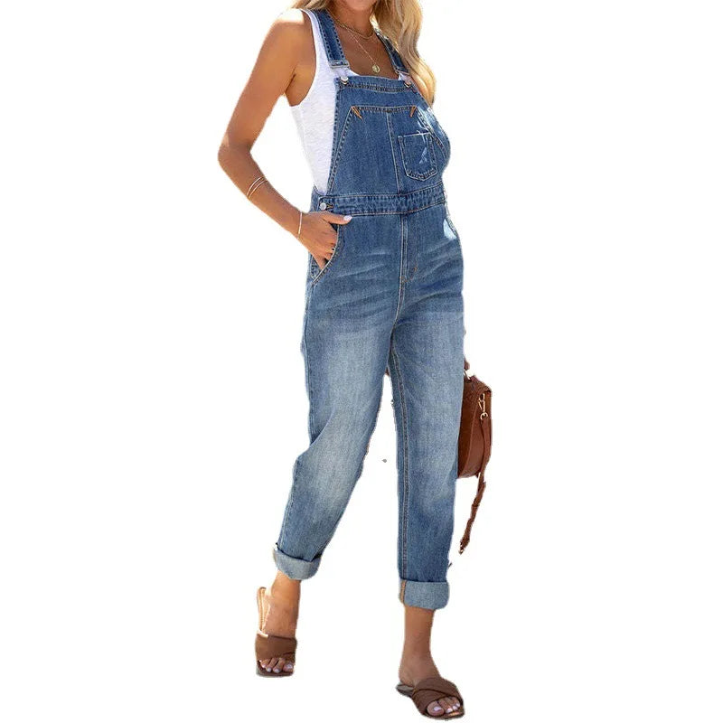 American Fashion Vintage Washed Pocket Casual Cotton Denim Straight Jumpsuit - TaMNz