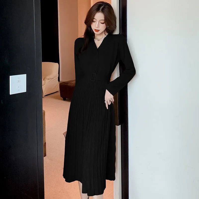 Women's Knitted Dress with Belt Single-breasted Autumn Winter Thicken Sweater Dress Female A-line soft Elegant Pleated Skirt - TaMNz