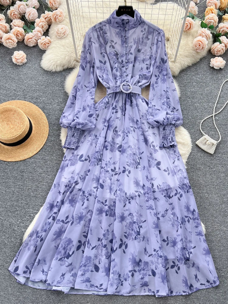 Autumn Winter Women Stand Collar Puff Sleeve Long Dress Casual Floral Print Dress Elegant Lady Chiffon A-line Dress - TaMNz