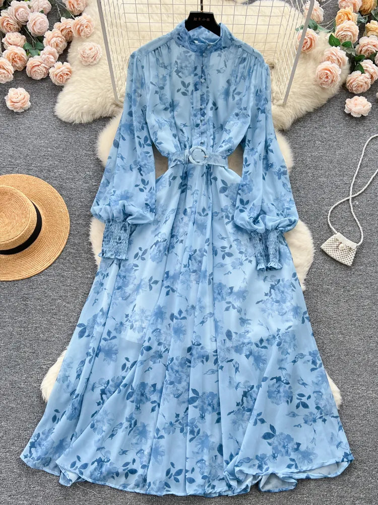 Autumn Winter Women Stand Collar Puff Sleeve Long Dress Casual Floral Print Dress Elegant Lady Chiffon A-line Dress - Tamnz