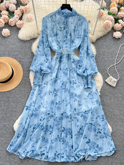 Autumn Winter Women Stand Collar Puff Sleeve Long Dress Casual Floral Print Dress Elegant Lady Chiffon A-line Dress - TaMNz