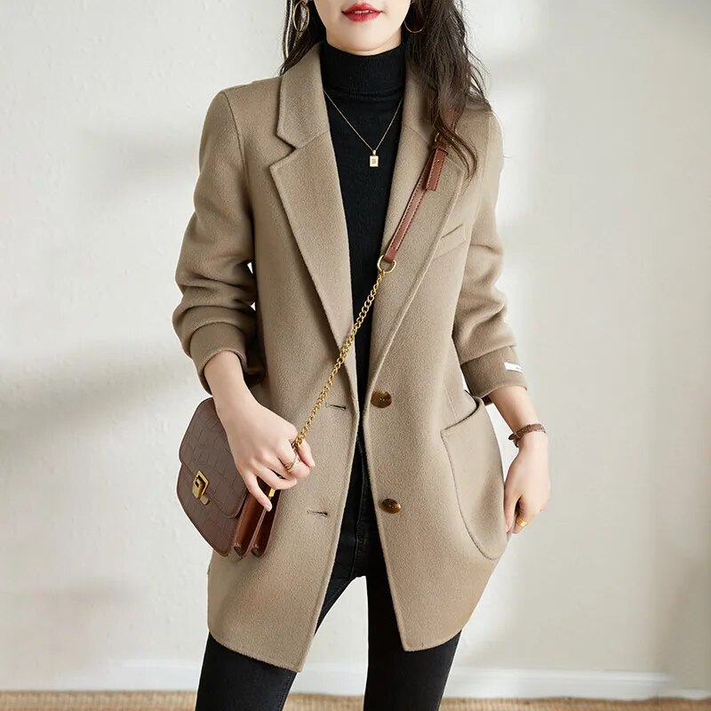 Korean Fashion Autumn and Winter Elegant Temperament Fashion Slim Chic Formal Office Double-sided Cashmere Tweed Female Jacket - TaMNz