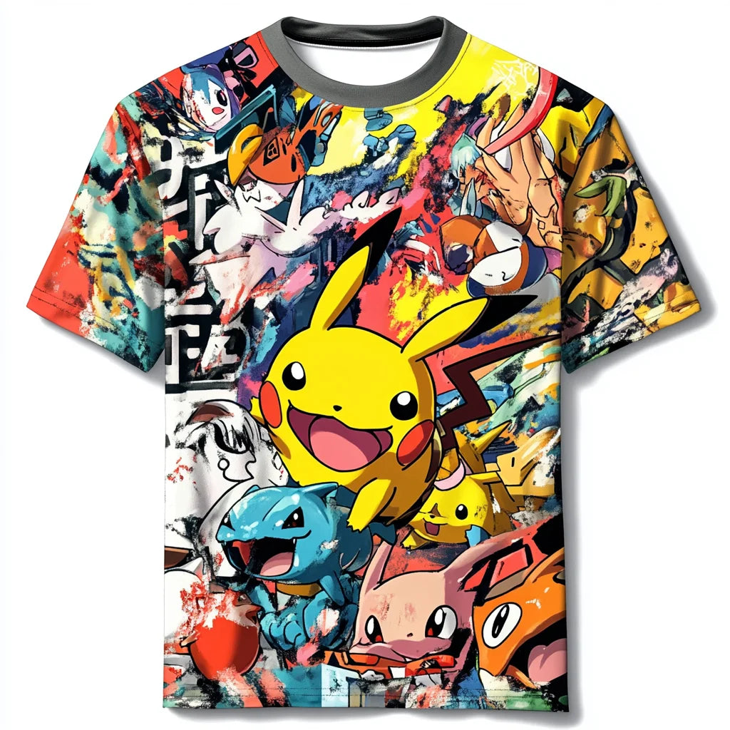 (MINISO)Fashion Kid Anime Pokemon T Shirt 3D MenTshirt Children T-shirt Summer Pikachu Oversized T-shirt For Men Clothing Tshirt