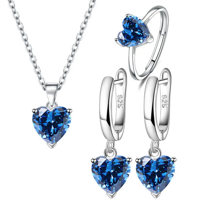 925 Sterling Silver Jewelry Sets For Women Heart Zircon Ring Earrings Necklace Wedding Bridal Elegant Christmas Free Shipping