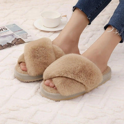 Comwarm Women's Cross Band Fuzzy Slippers Fashion Fur Thick Sole Flip Flops Winter Fluffy Open Toe House Slippers Indoor Shoes