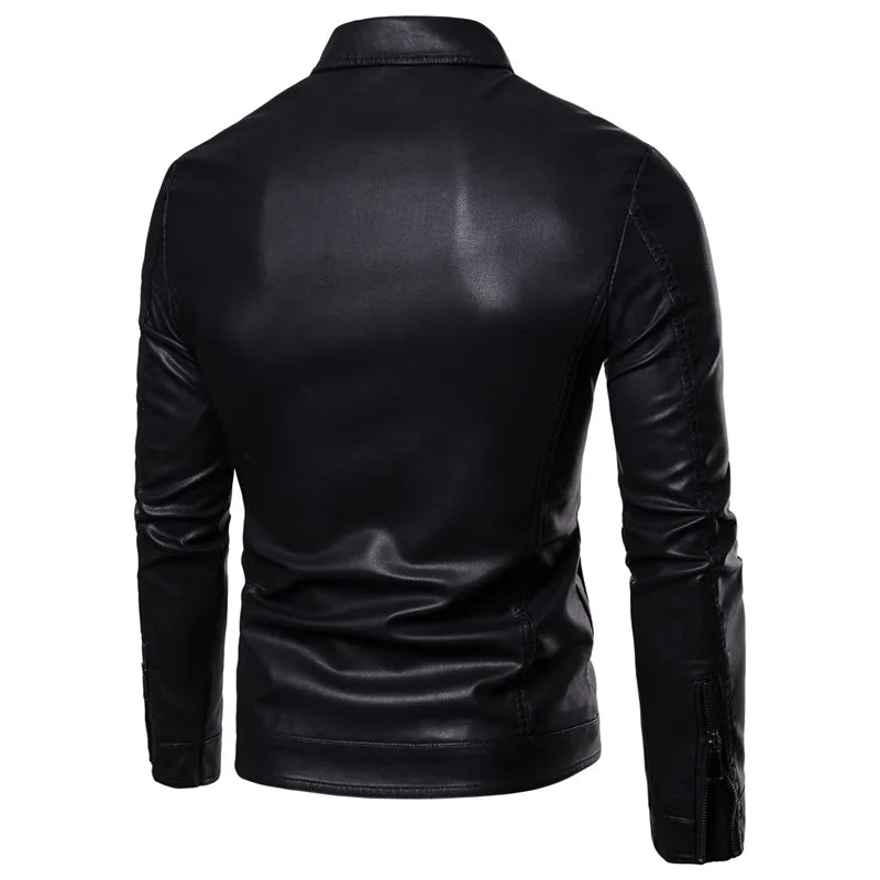 Autumn Winter New Mens Leather Jackets Black PU Coat Fashion Slim Fit Turn Down Collar Multi Pocket Zipper Faux Leather Jacket - TaMNz