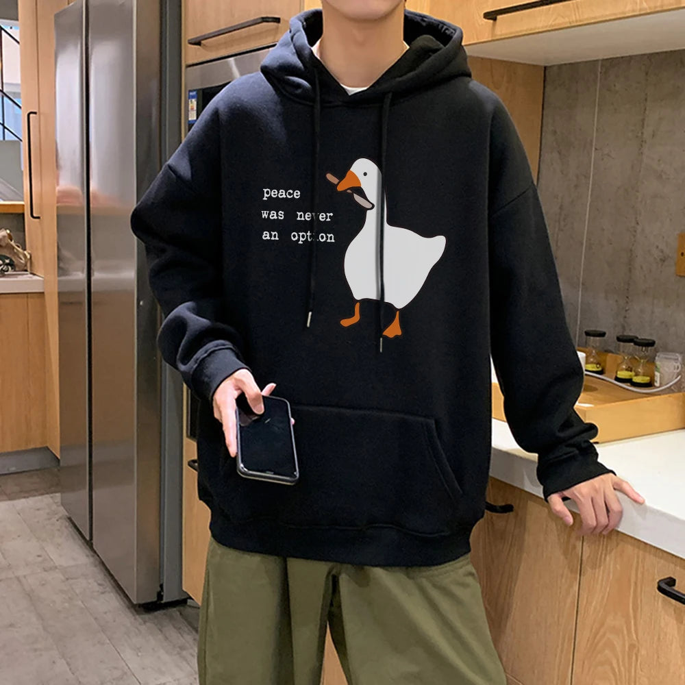 Peace Was Never An Option Goose Printing Mens Hoodies Cute Casual Pullover Creativity Pocket Warm Pullovers Fashion Male Hoody - TaMNz
