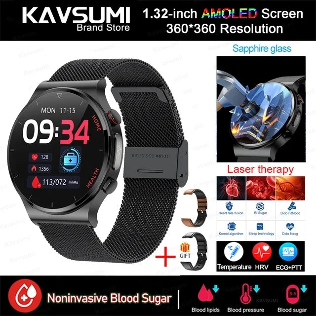 Blood Sugar Smartwatch ECG PPG Heart Rate Laser Treatment Sapphire Glass - Tamnz