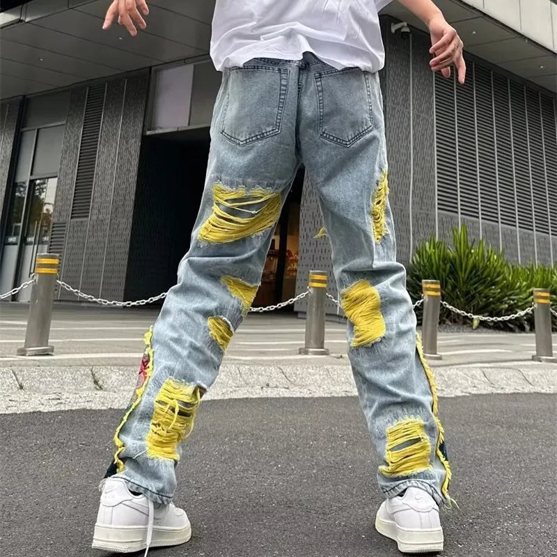 America Streetwear Stacked Ripped Baggy Jeans Pants Men Clothing Graphic Embroidery Hip Hop Denim - TaMNz