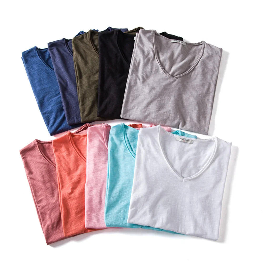 AIOPESON 100% Cotton Men T-shirt V-neck Fashion Design Slim Fit Soild T-shirts Male Tops Tees Short Sleeve T Shirt For Men - TaMNz