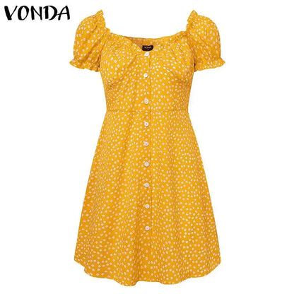 VONDA Elegant Women Summer Dress Femme Cocktail Party Mini Vestidos Overszied Sexy Short Sleeve Button Polka Dot Print Sundress - Tamnz