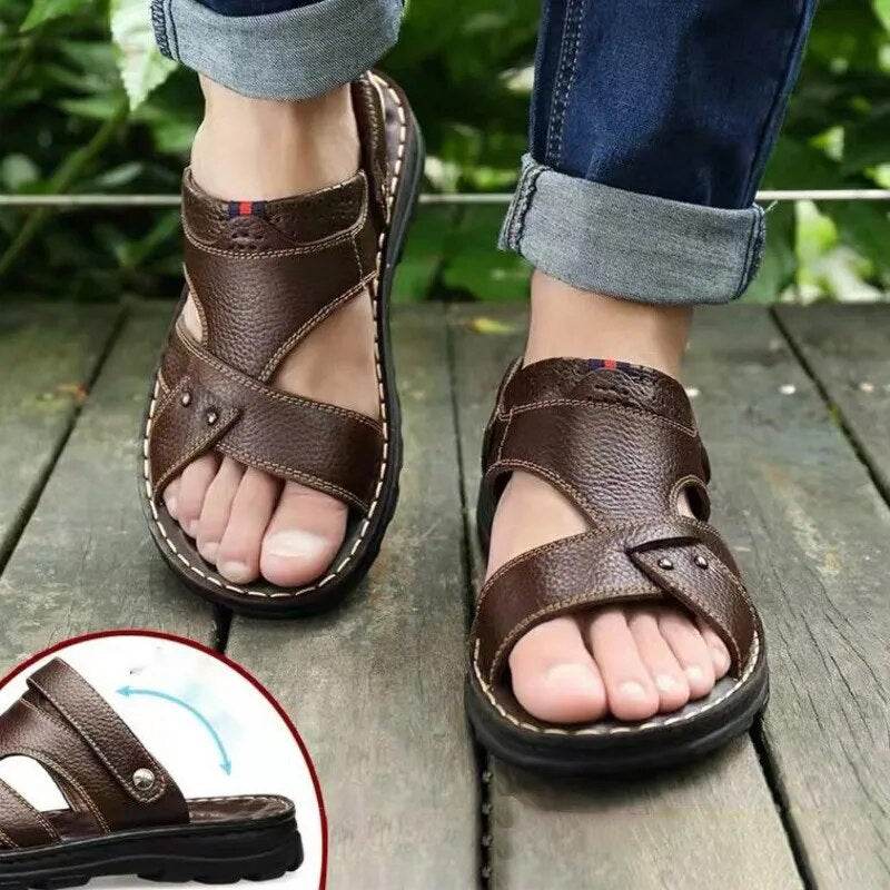 Men's Sandals 2023 Summer Waterproof Non-slip Genuine Leather Sandals Soft Sole Slippers Breathable Casual Shoes Zapatos Hombre - Tamnz