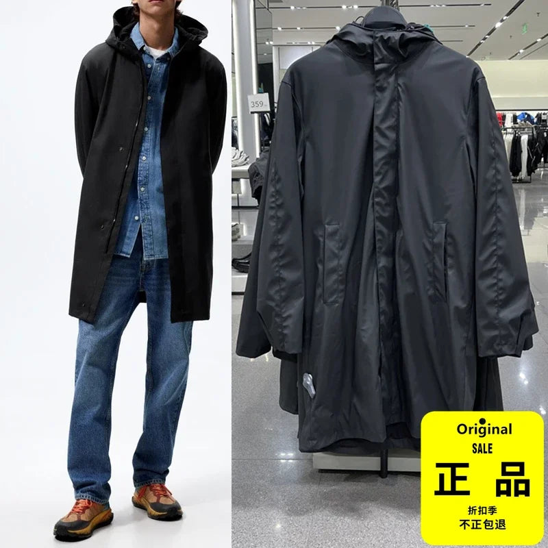 Men's imitation leather waterproof parka trench coat