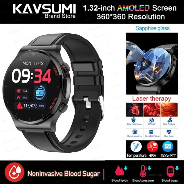 Blood Sugar Smartwatch ECG PPG Heart Rate Laser Treatment Sapphire Glass - Tamnz