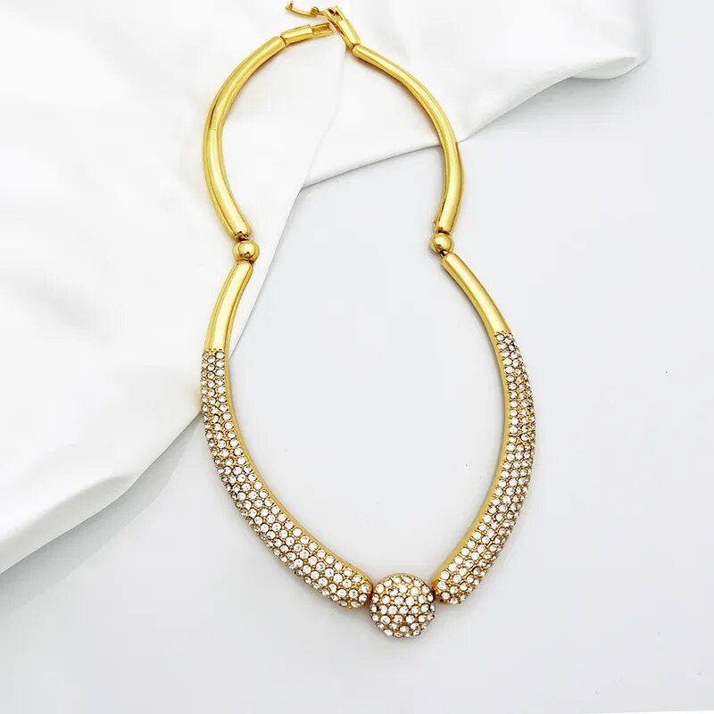 Dubai Gold Plated Jewelry Set Vintage Round Charm Rhinestone Necklace Bracelet Earring Ring For Wedding Bride Women Jewelry Sets - TaMNz