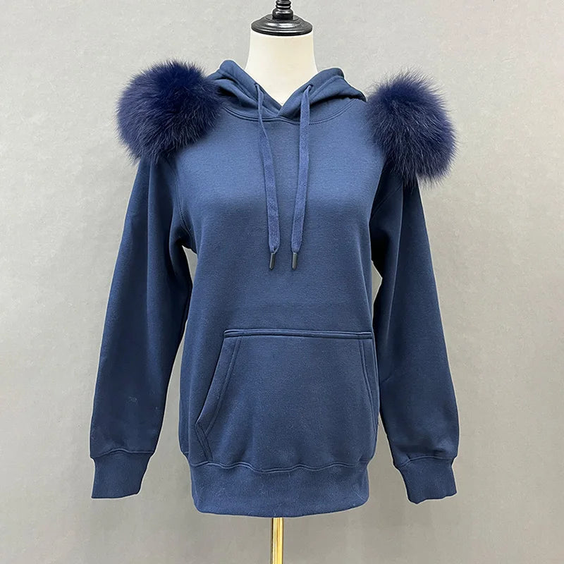 2022 New Arrival Autumn Winter Hoodie Women Fleece Pullover With Hood Real Fox Fur Lady Coat Jackets S5185 - Tamnz