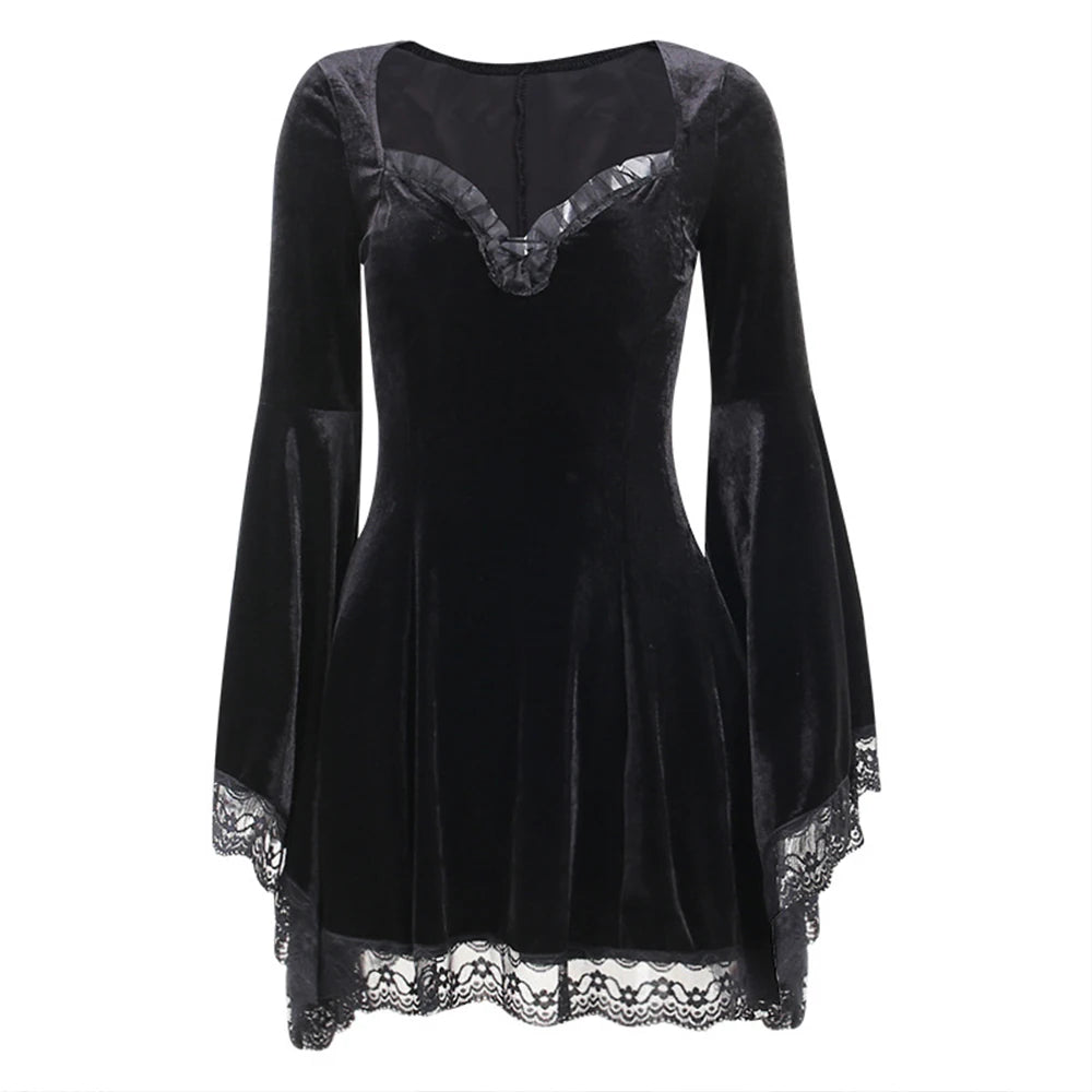 Vintage Dress Women Gothic Lace V-Neck Witch Long Sleeves Dresses - TaMNz