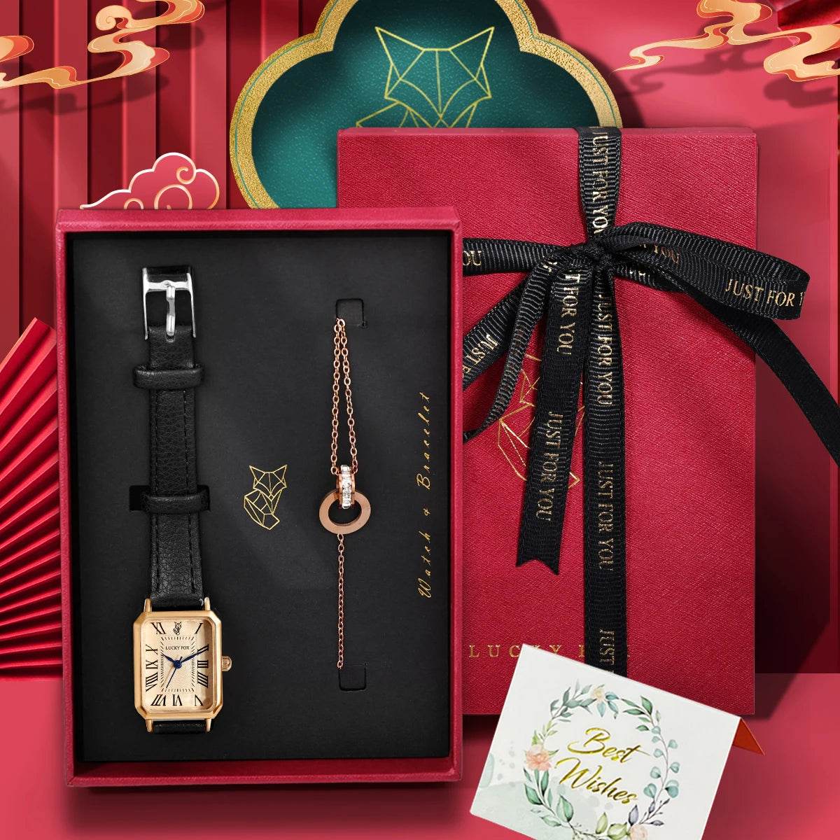 LUCKY FOX 2PCS Light Luxury Gift Box Set Watch Bracelet Simple and Fashionable Women's Square Quartz Watch Reloj Festival Gift - Tamnz